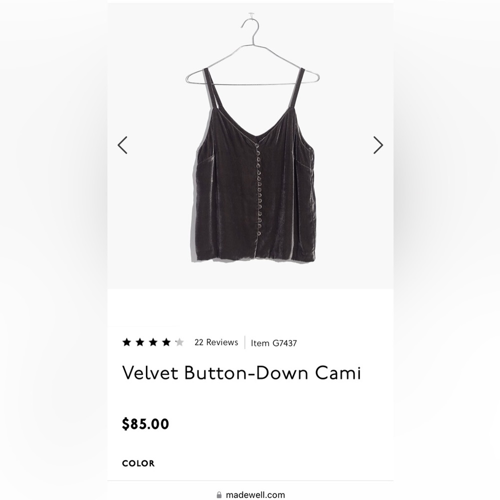 Madewell Grey Velvet Button-Down Cami. Size 00.